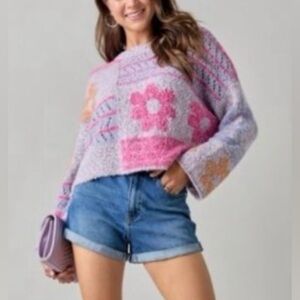 Moon & Madison 90s Style Multicolor Patchwork Wide Sleeve Cropped Sweater Size M